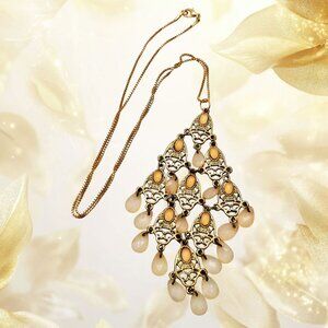 VTG Gold Filigree Chandelier Necklace Opaline Drops Statement Tiered Pendant